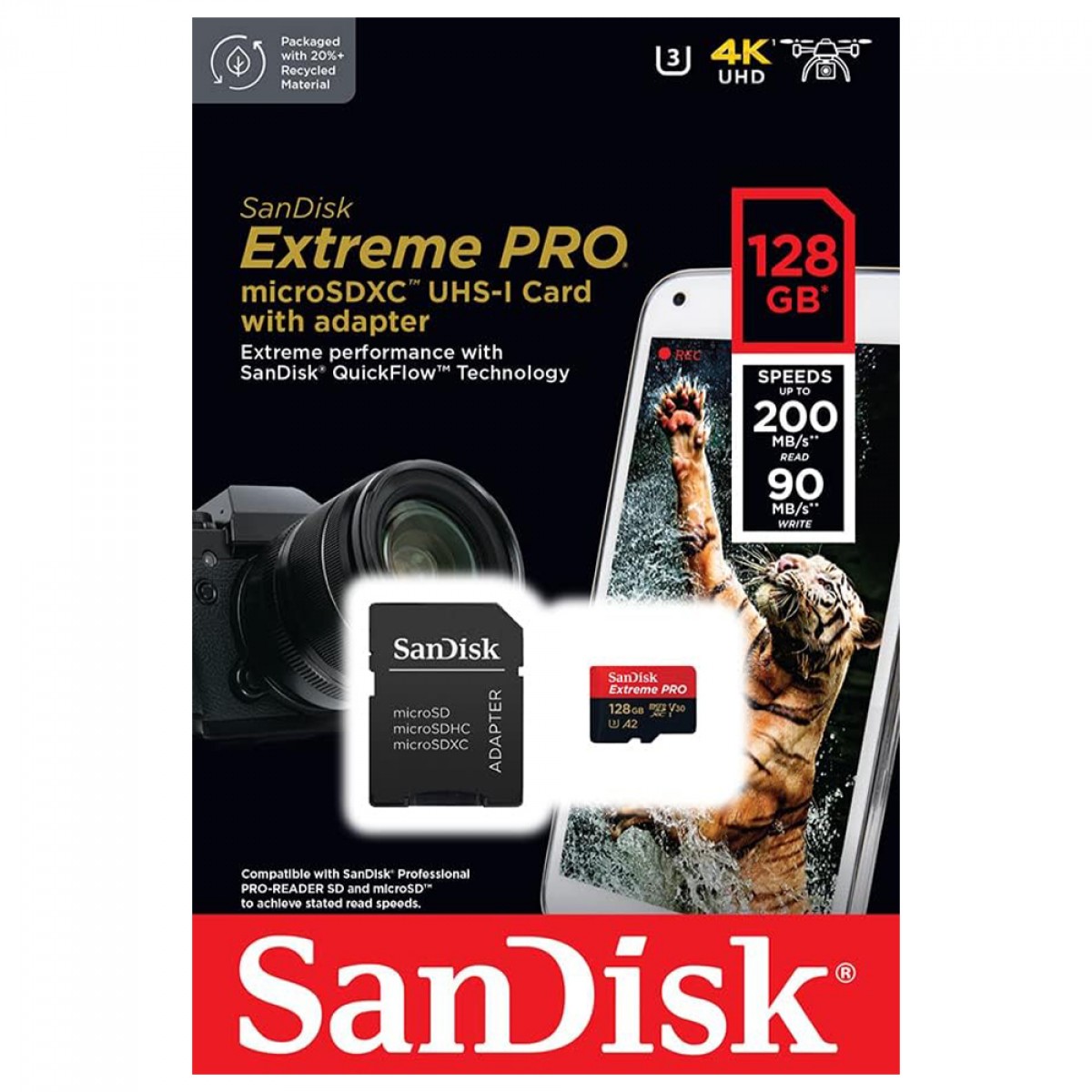 Cartão de Memória SanDisk Extreme PRO, MicroSDXC, 128GB, 200MBs, 4K UHD, U3, V30, Com Adaptador, SDSQXCD-128G-GN6MA