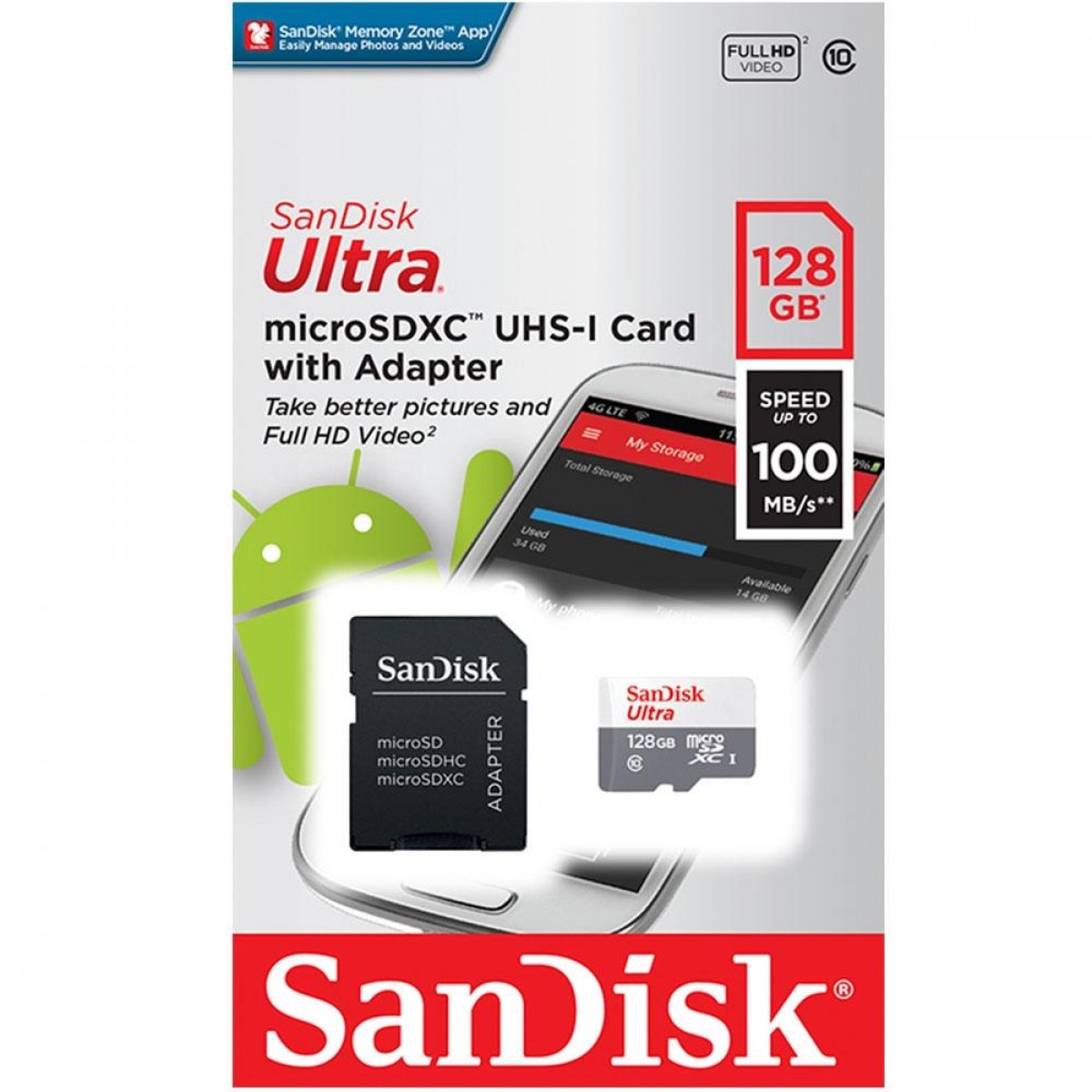 Cartão De Memória SanDisk Ultra MicroSDXC UHS-I, 128GB, 100MBs, Class 10, Com Adaptador, SDSQUNR-128G-GN3MA