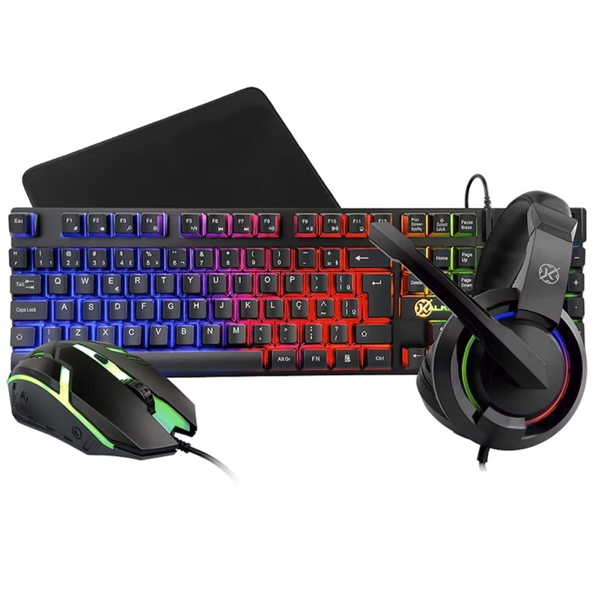Combo Gamer Kalkan Odin Lite 4 Em 1, Headset, Teclado, Mouse e Mousepad, USB, Rainbow, Preto, KLK00060