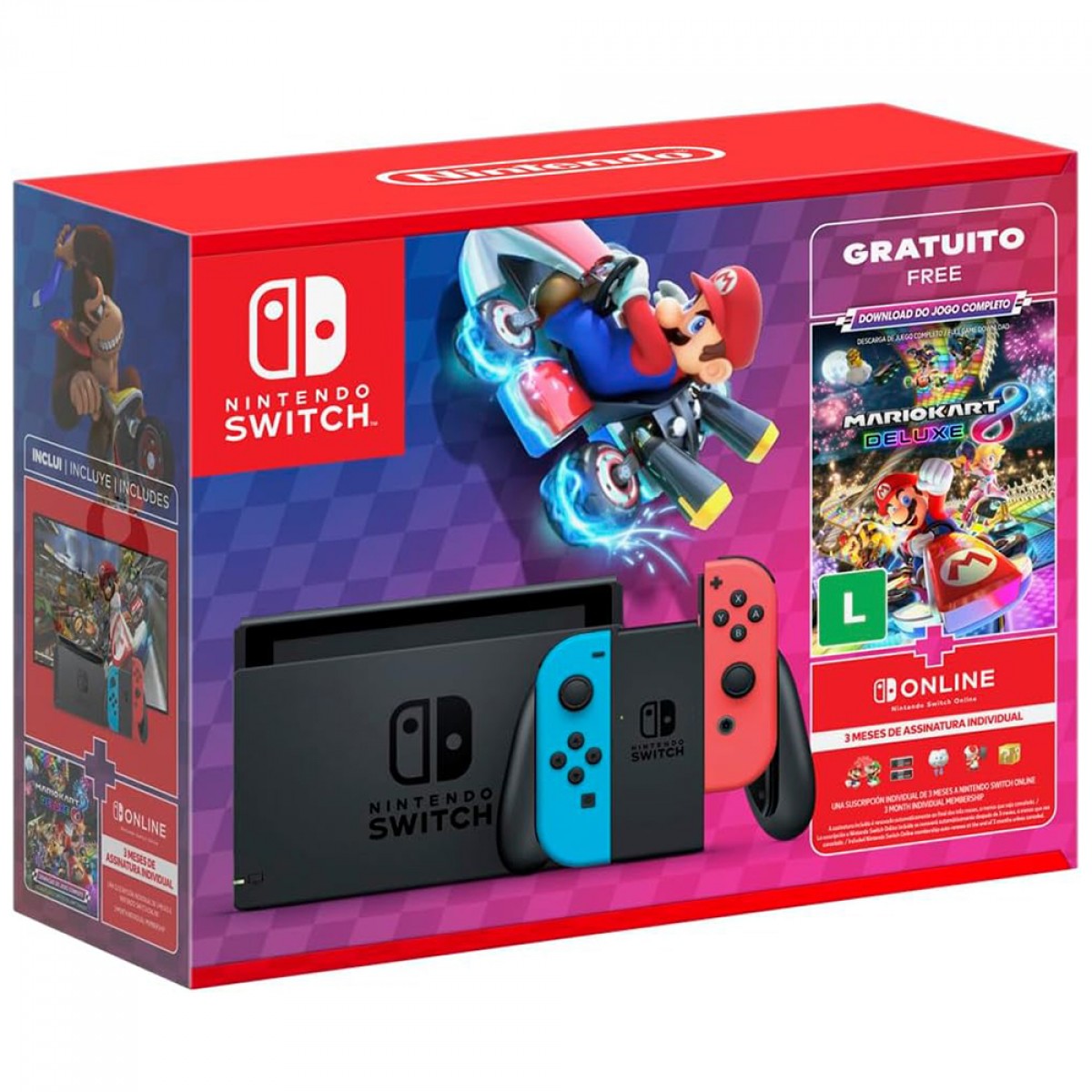 Console Nintendo Switch + Mario Kart 8 Deluxe + 3 Meses Nintendo Switch Online, 32GB, 1x Joy-con Neon, Vermelho e Azul, NSHW07773001FGR