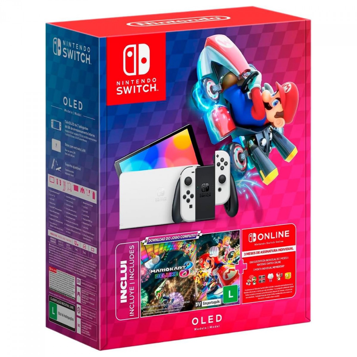Console Nintendo Switch OLED + Mario Kart 8 Deluxe + 3 Meses Nintendo Switch Online, 64GB, 1x Joycon, Branco, HBG-S-KAASA