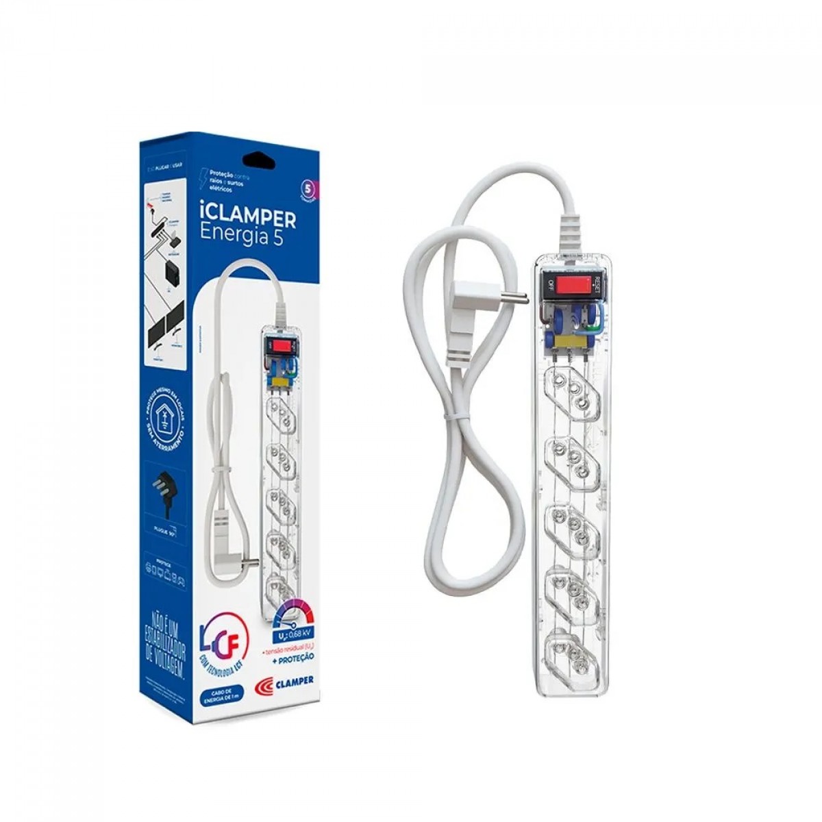 Filtro de Linha DPS ICLAMPER Energia 5 Tomadas, 127/220 volts, LCF, 1M, Transparente, Bivolt