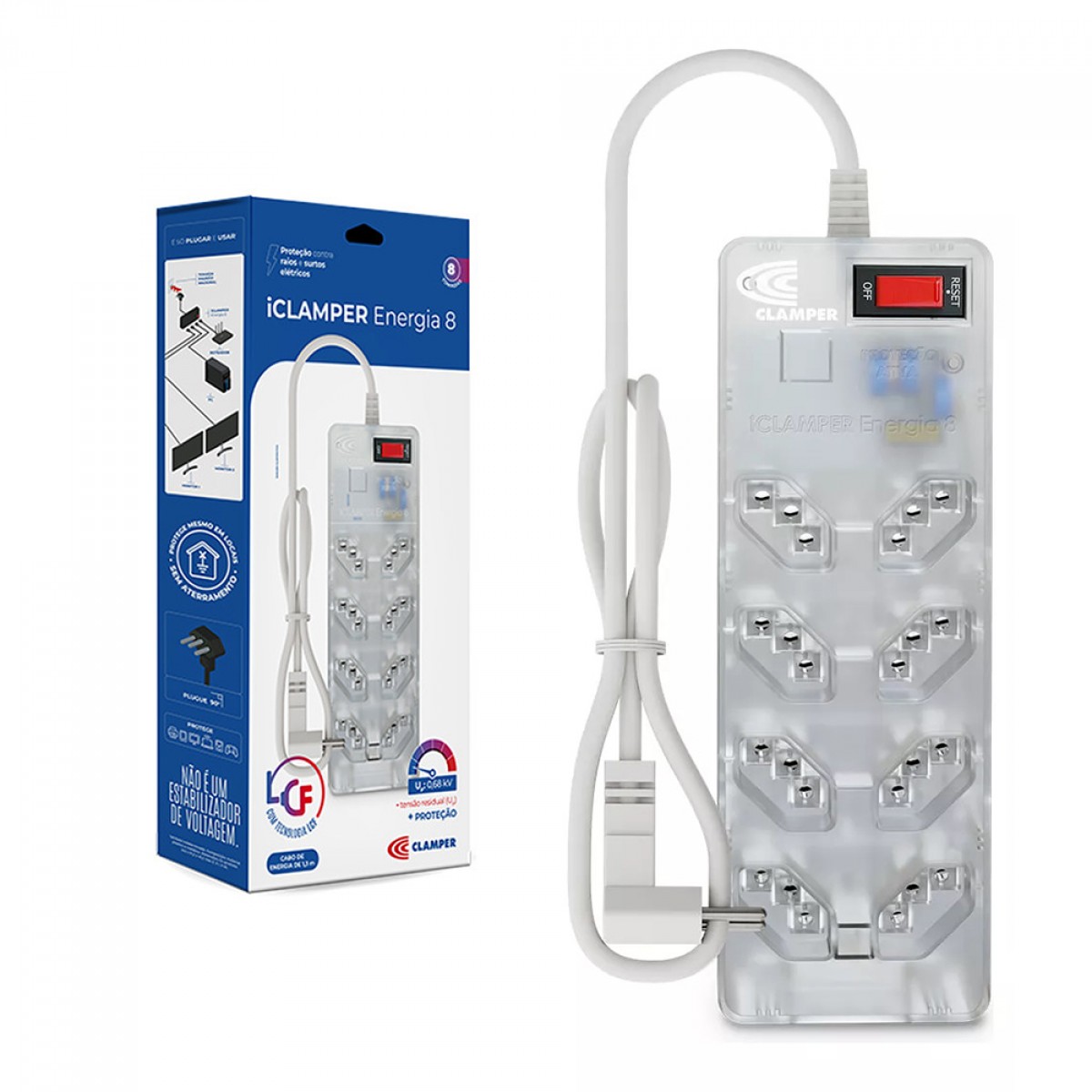 Filtro de Linha DPS ICLAMPER Energia 8 Tomadas, 127/220 volts, LCF, 1,3M, Transparente, Bivolt