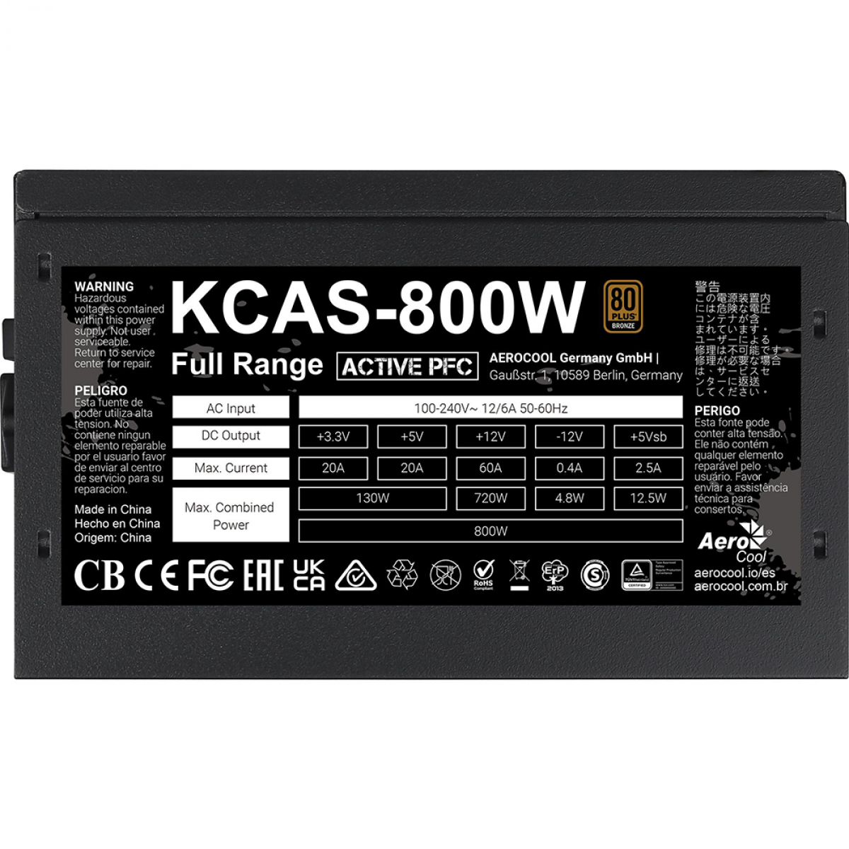 Fonte Aerocool KCAS 800W, 80 Plus Bronze, PFC Ativo