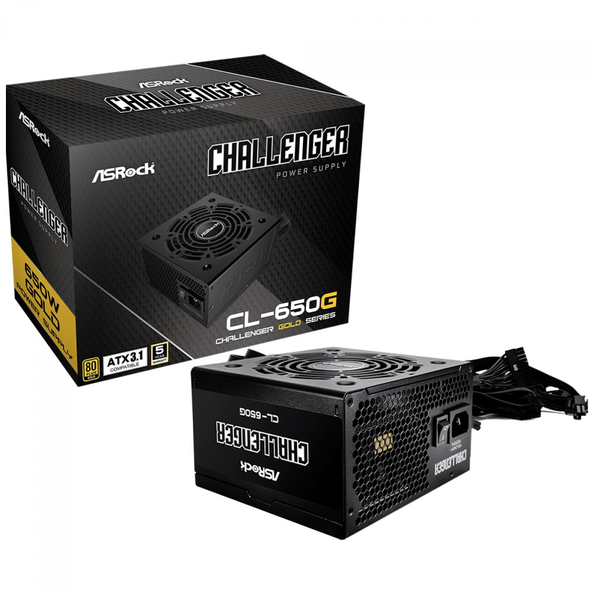 Fonte ASRock Challenger, 650W, 80 Plus Gold, ATX 3.1, PFC Ativo, Preto, CL-650G