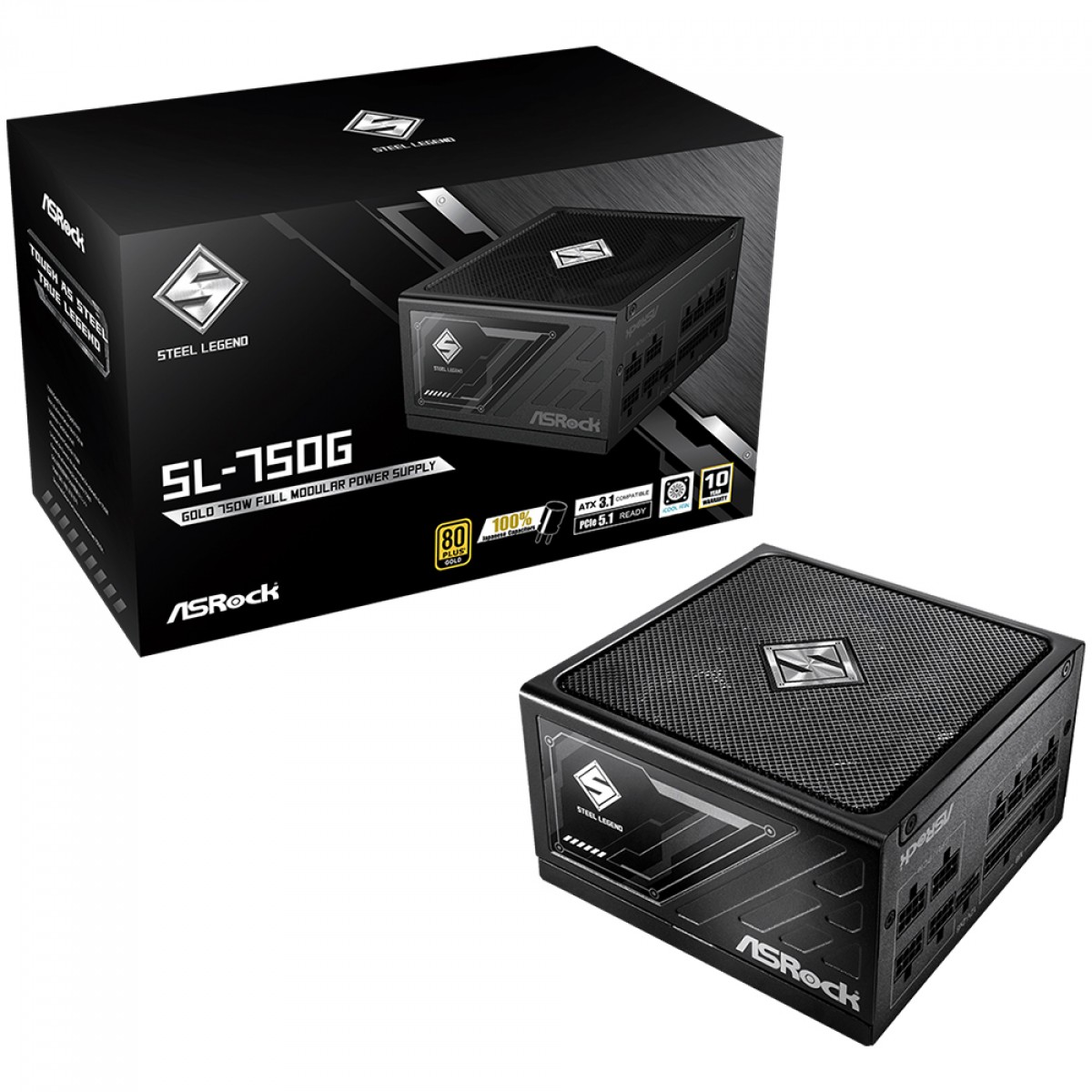 Fonte ASRock Steel Legend, 750W, 80 Plus Gold, Cybenetics Gold, Full Modular, ATX 3.1, PCIe 5.1, Preto, SL-750G