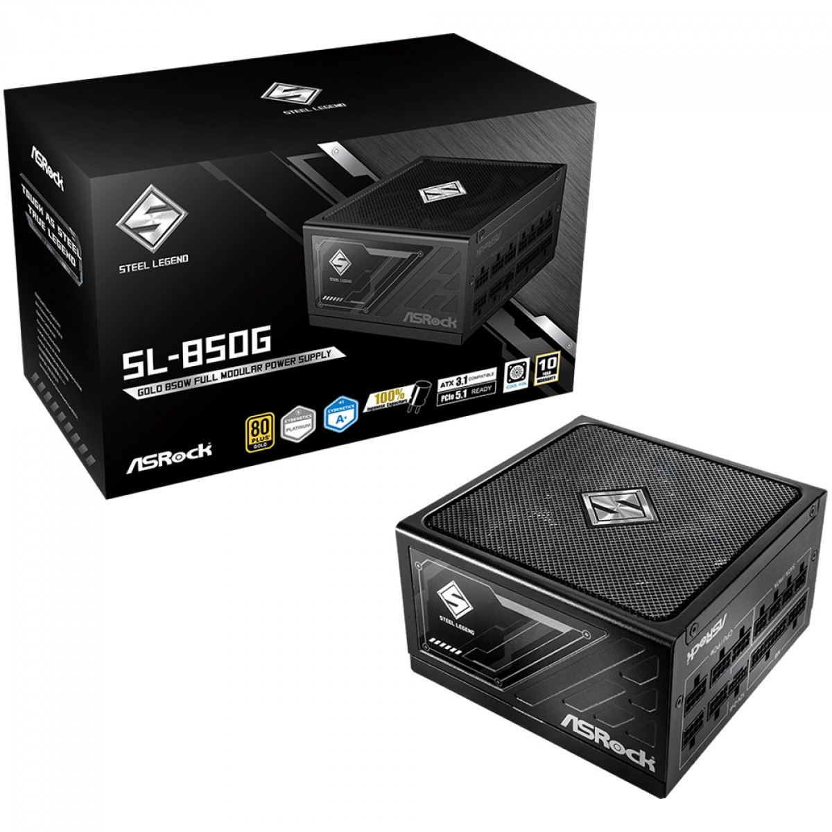 Fonte ASRock Steel Legend, 850W, 80 Plus Gold, Cybenetics Platinum, Full Modular, ATX 3.1, PCIe 5.1, Preto, SL-850G
