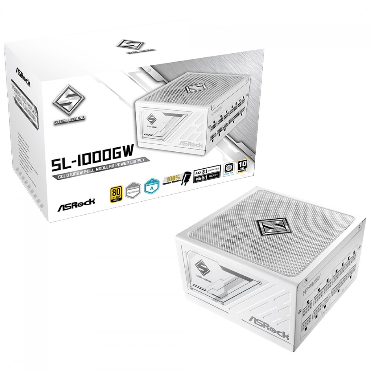 Fonte ASRock Steel Legend White, 1000W, 80 Plus Gold, Cybenetics Platinum, Full Modular, ATX 3.1, PCIe 5.1, Branco, SL-1000GW