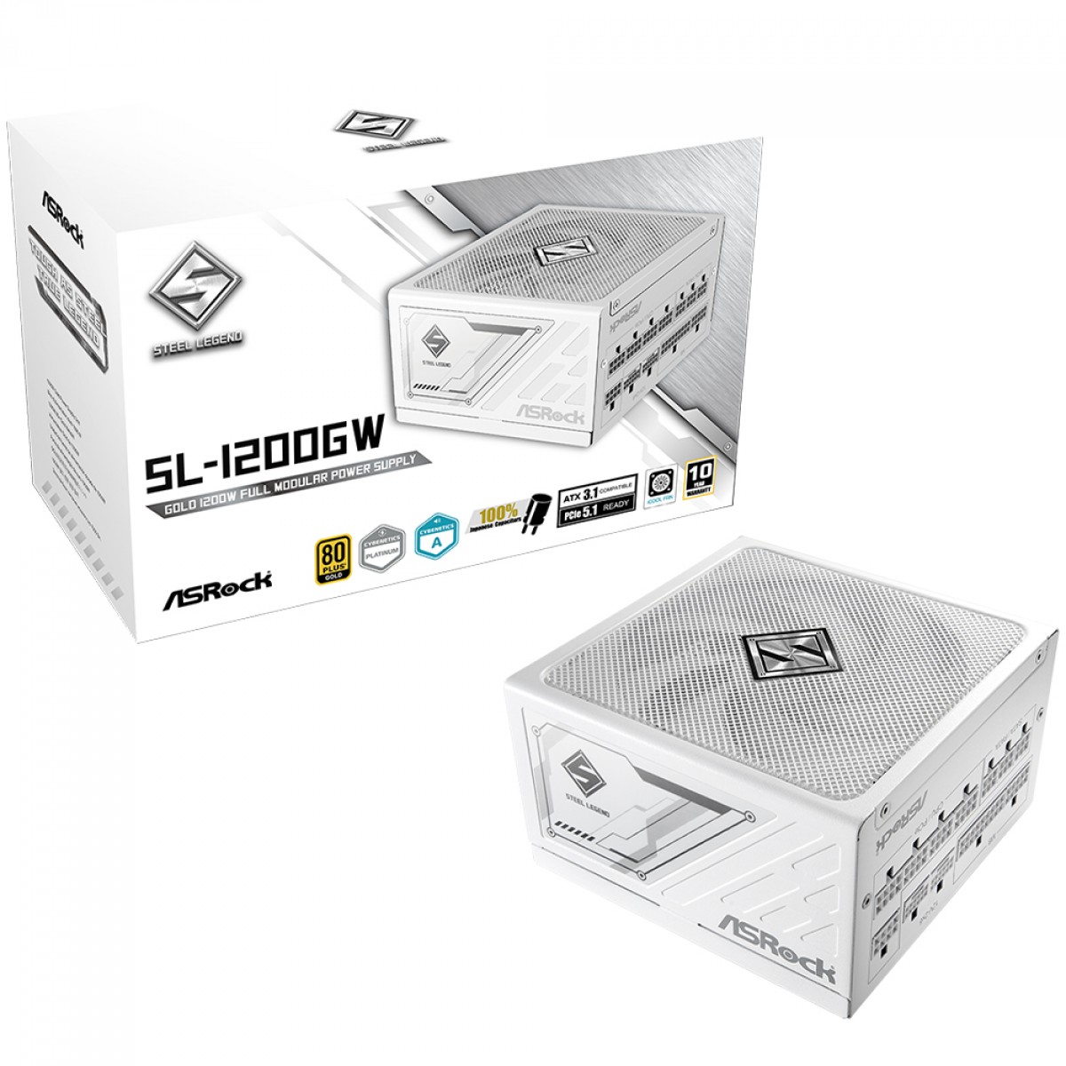 Fonte ASRock Steel Legend White, 1200W, 80 Plus Gold, Cybenetics Platinum, Full Modular, ATX 3.1, PCIe 5.1, Branco, SL-1200GW