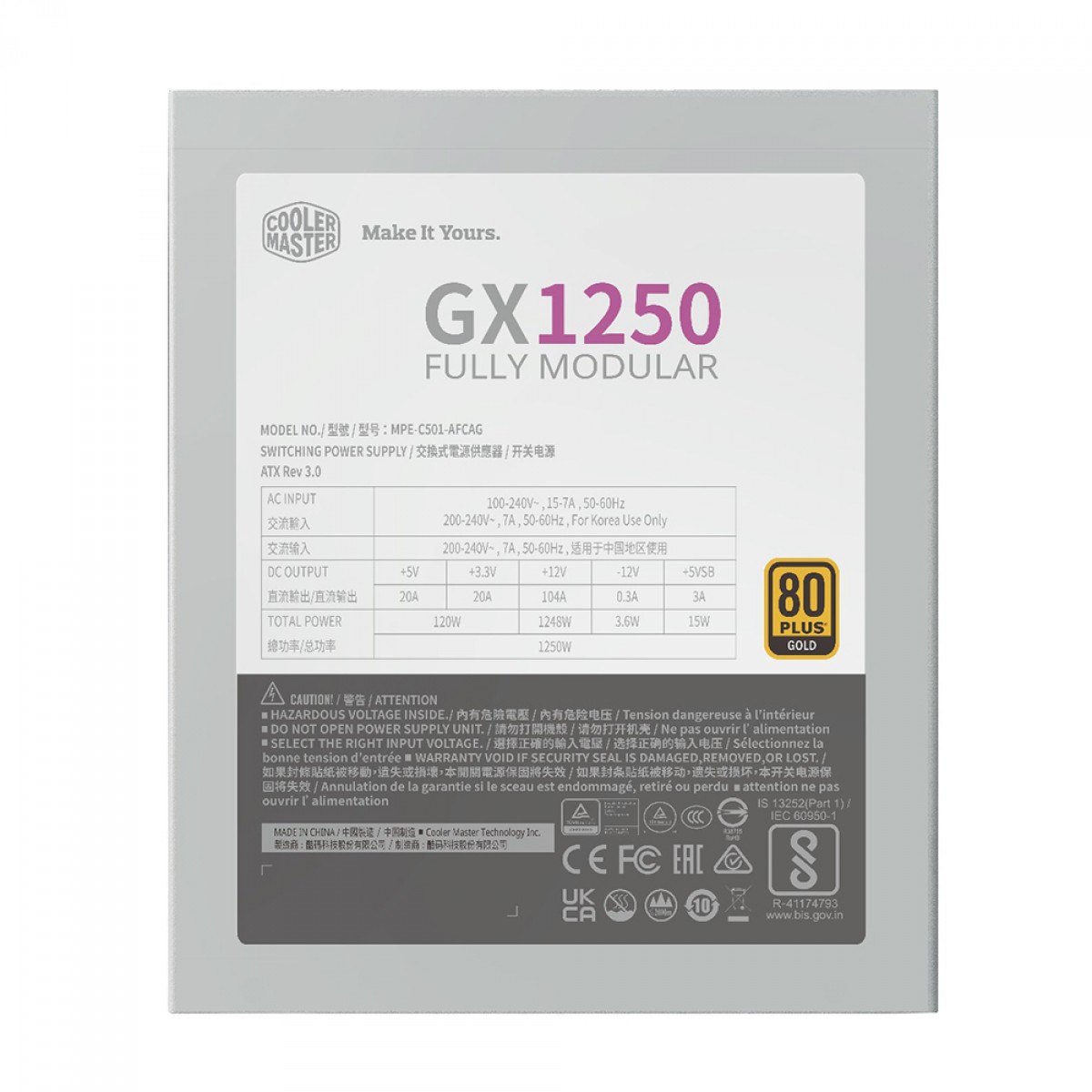 Fonte Cooler Master GX 1250W, 80 Plus Gold, PCI-E 5.0, ATX3.0, PFC Ativo, Full Modular, White, MPE-C501-AFCAG-3GB1