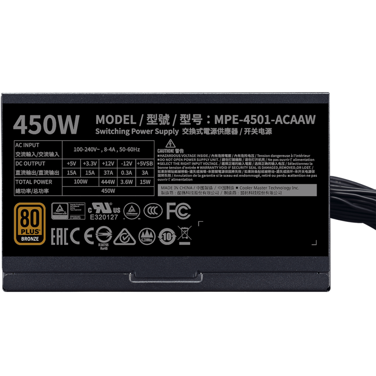 Fonte Cooler Master MWE 450 BRONZE - V2, 450w, 80 Plus Bronze, Full Range, PFC Ativo, MPE-4501-ACAAW-BBR