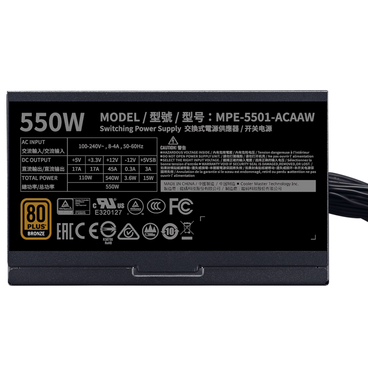 Fonte Cooler Master MWE 550 BRONZE - V2, 550w, 80 Plus Bronze, Full Range, PFC Ativo, MPE-5501-ACAAW-BBR