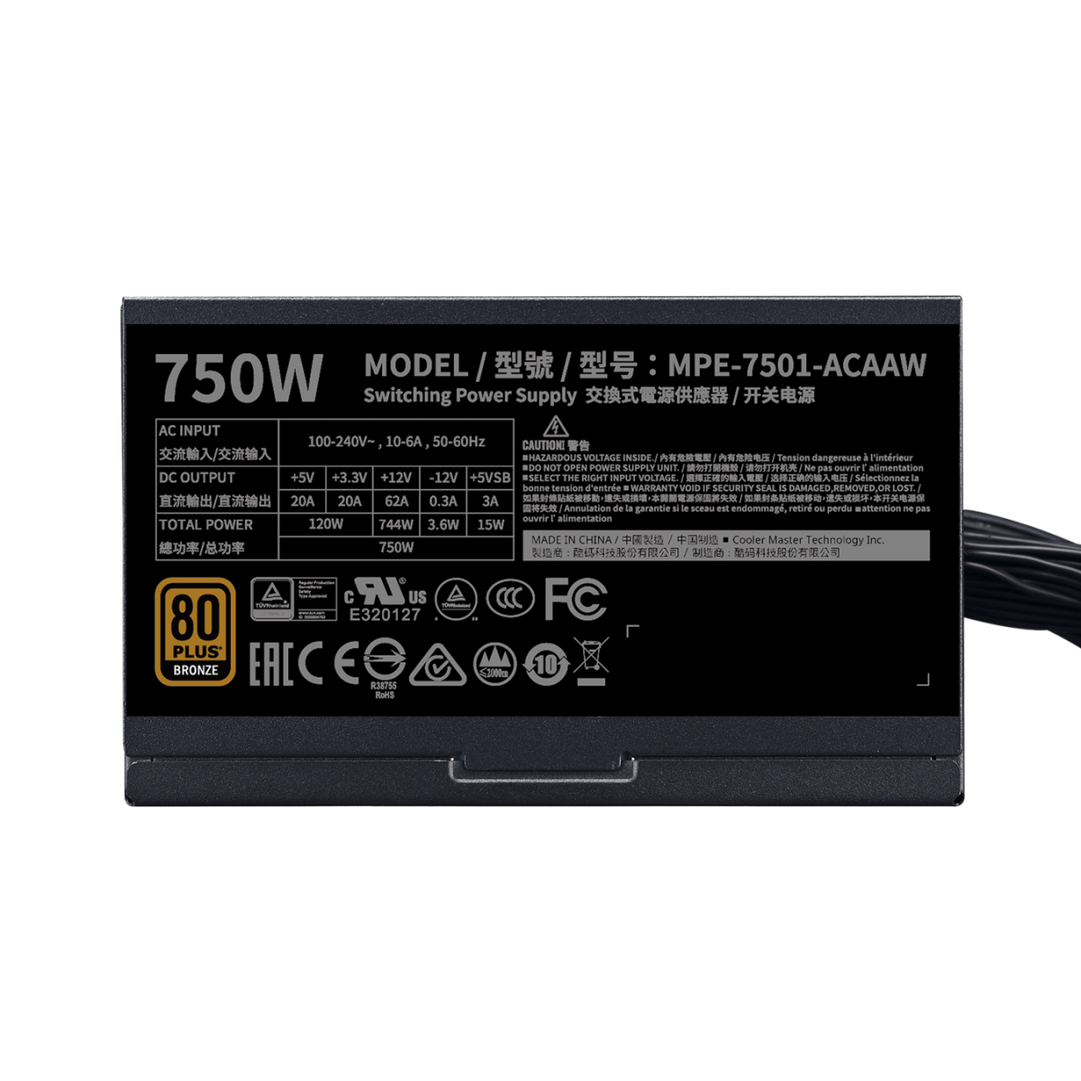 Fonte Cooler Master MWE 750 BRONZE - V2, 750w, 80 Plus Bronze, Full Range, PFC Ativo, MPE-7501-ACAAW-BBR