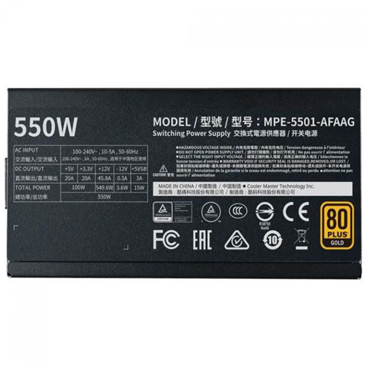 Fonte Cooler Master MWE V2 550W, 80 Plus Gold, PFC Ativo, Full Modular, MPE-5501-AFAAG-WO