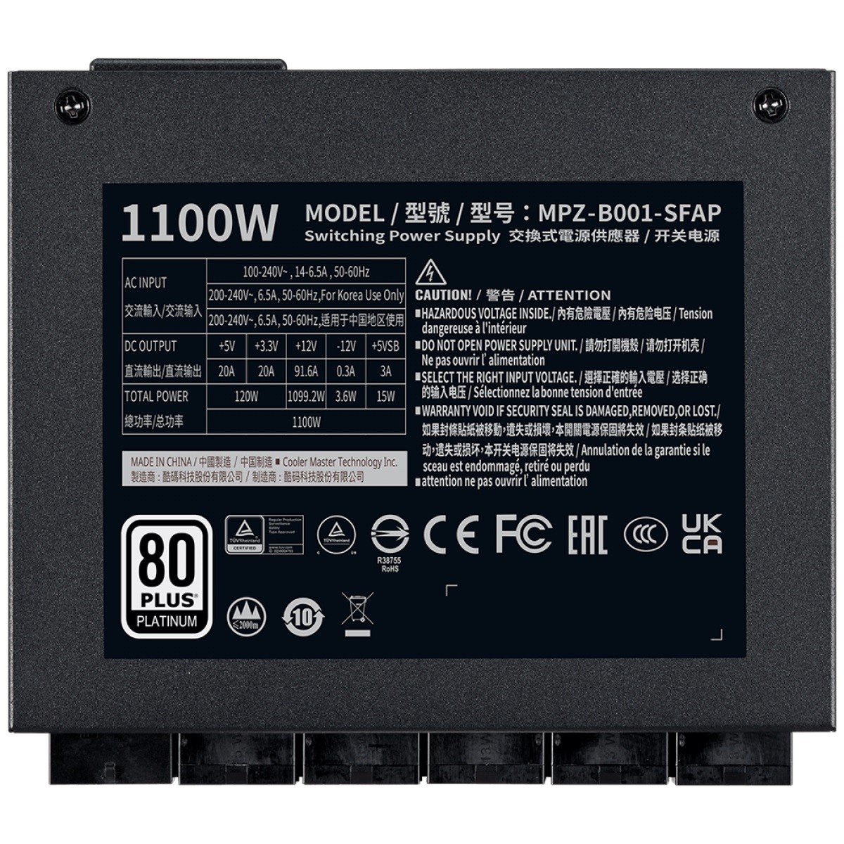 Fonte Cooler Master V 1100 SFX Platinum, 1100W, 80 Plus Platinum, PCI-E 5.0, PFC Ativo, Full Modular, MPZ-B001-SFAP-BBR