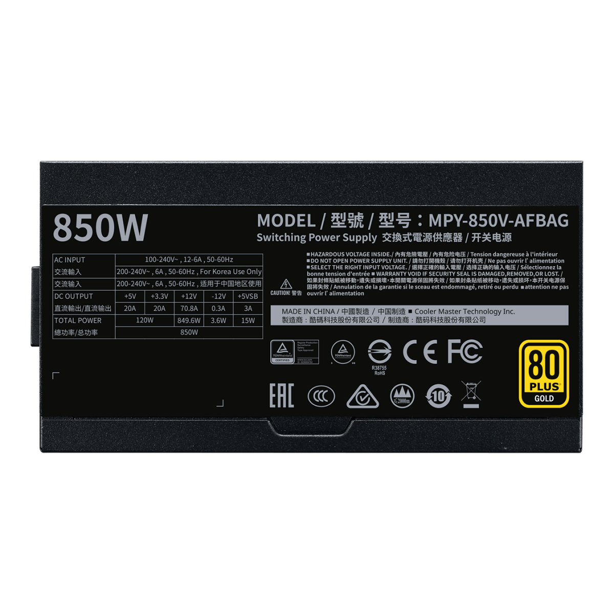 Fonte Cooler Master V850 V2 850W, 80 Plus Gold, PFC Ativo, Full Modular, MPY-850V-AFBAG-WO