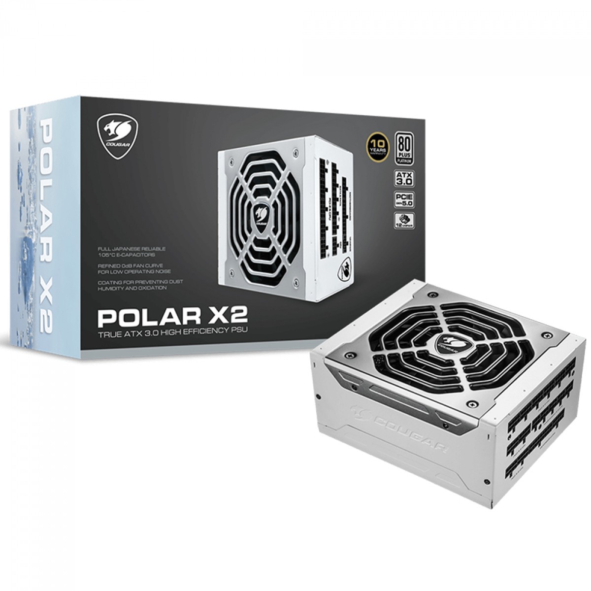 Fonte Cougar Polar X2 1050, 1050W, Full Modular, 80 Plus Platinum, Cybenetics, PCIE Gen 5.0, White, 31PX105005P01