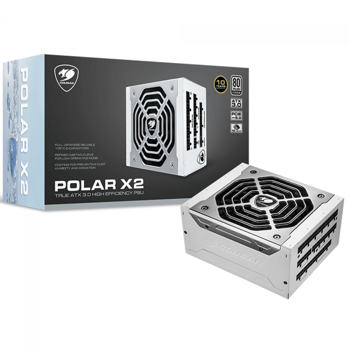 Fonte Cougar Polar X2, 1200W, 80 Plus Platinum, Cybenetics, PCIE Gen 5.0, Full Modular, White, CGR PRX2-1200