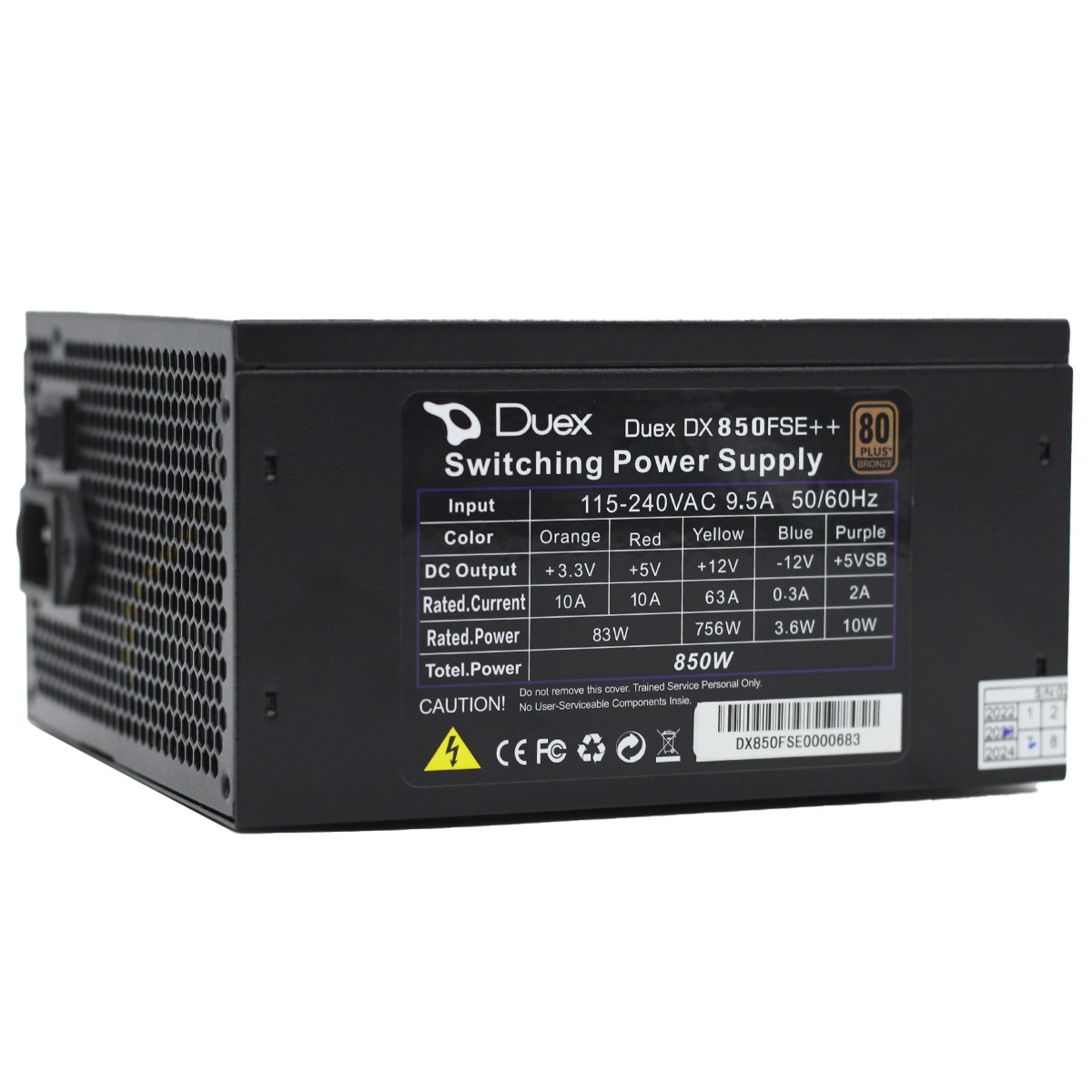 Fonte Duex 850FSE++, 850W, 80 Plus Bronze, PFC Ativo, Full Modular, DX-850FSE++