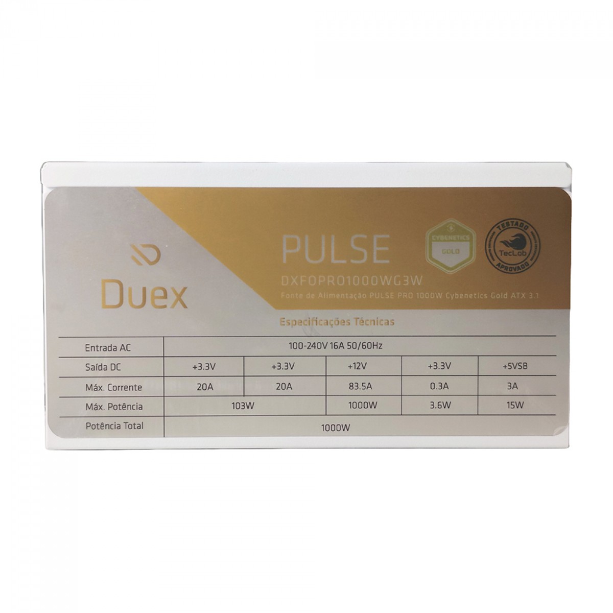 Fonte Duex Pulse Pro, 1000W, Cybenetics Gold, TecLab, ATX 3.1, PCI-E 5.1, PFC Ativo, Full Modular, Branco, DXFOPRO1000WG3W