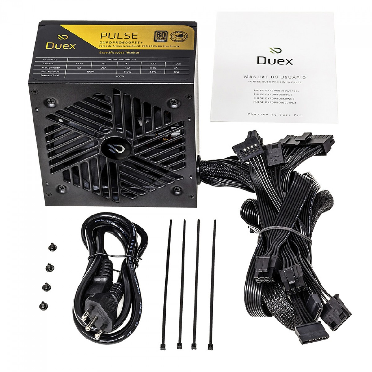 Fonte Duex Pulse Pro, 600W, 80 Plus Bronze, TecLab, PFC Ativo, DXFOPRO600FSE+