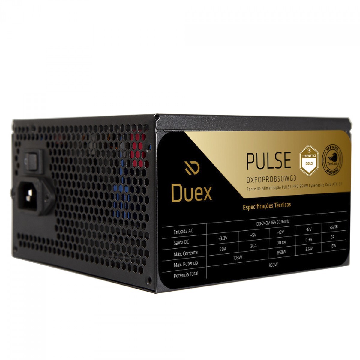 Fonte Duex Pulse Pro, 850W, Cybenetics Gold, TecLab, PFC Ativo, ATX 3.1, PCIE5, Full Modular, Preto