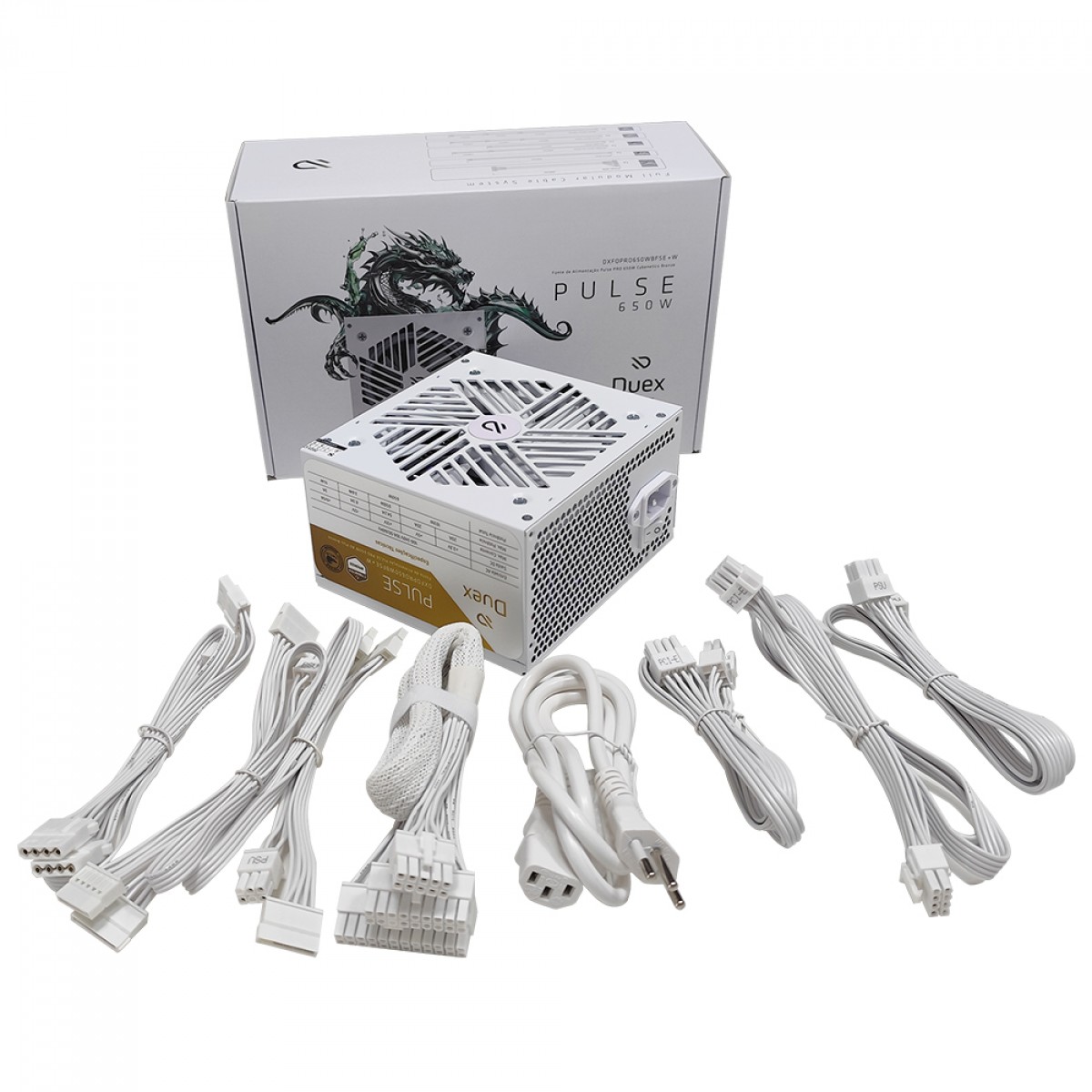 Fonte Duex Pulse Pro White, 650W, Cybenetics Bronze, TecLab, Full Modular, PFC Ativo, DXFOPRO650WBFSEW+