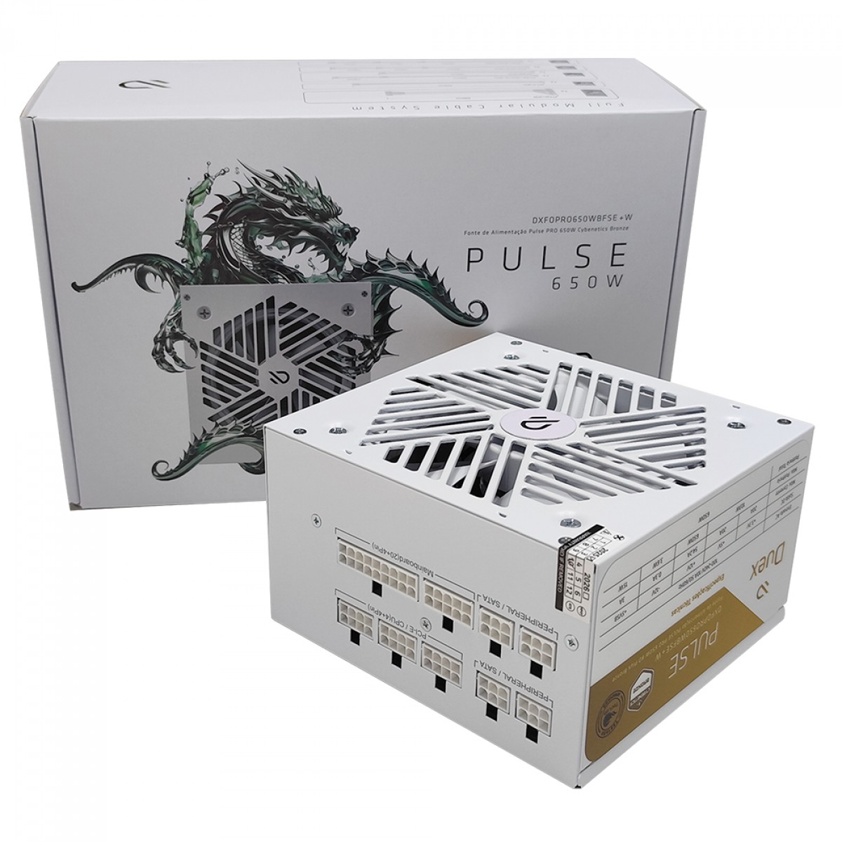 Fonte Duex Pulse Pro White, 650W, Cybenetics Bronze, TecLab, Full Modular, PFC Ativo, DXFOPRO650WBFSEW+