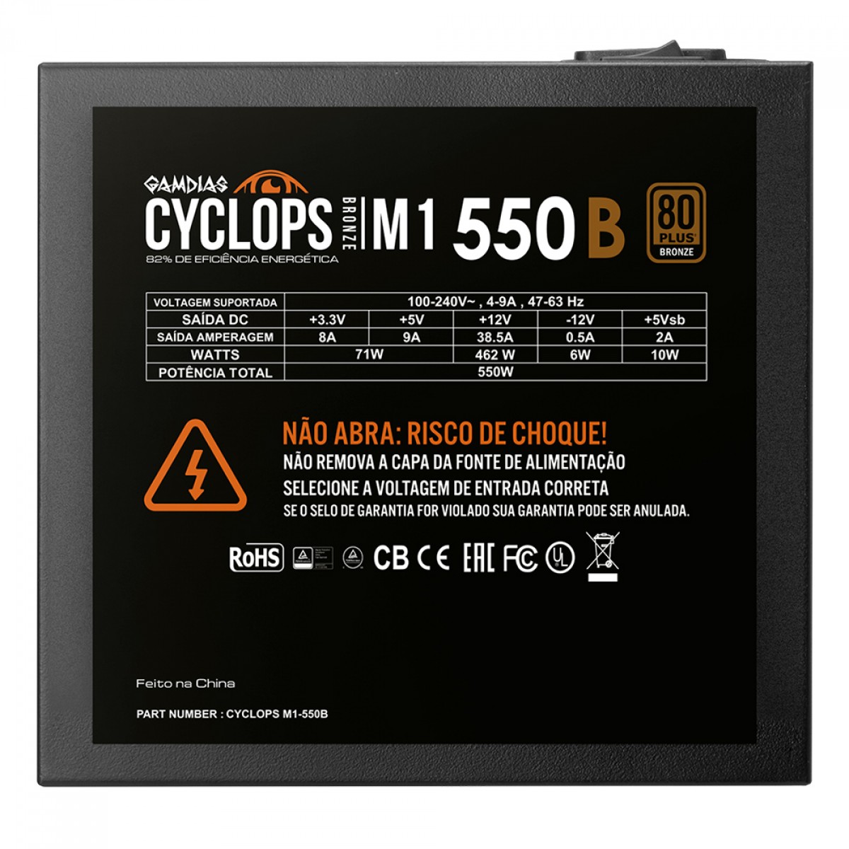 Fonte Gamdias Cyclops M1-550B, 550W, 80 Plus Bronze, Cybenetics, Teclab, PFC Ativo, Cabos Flat