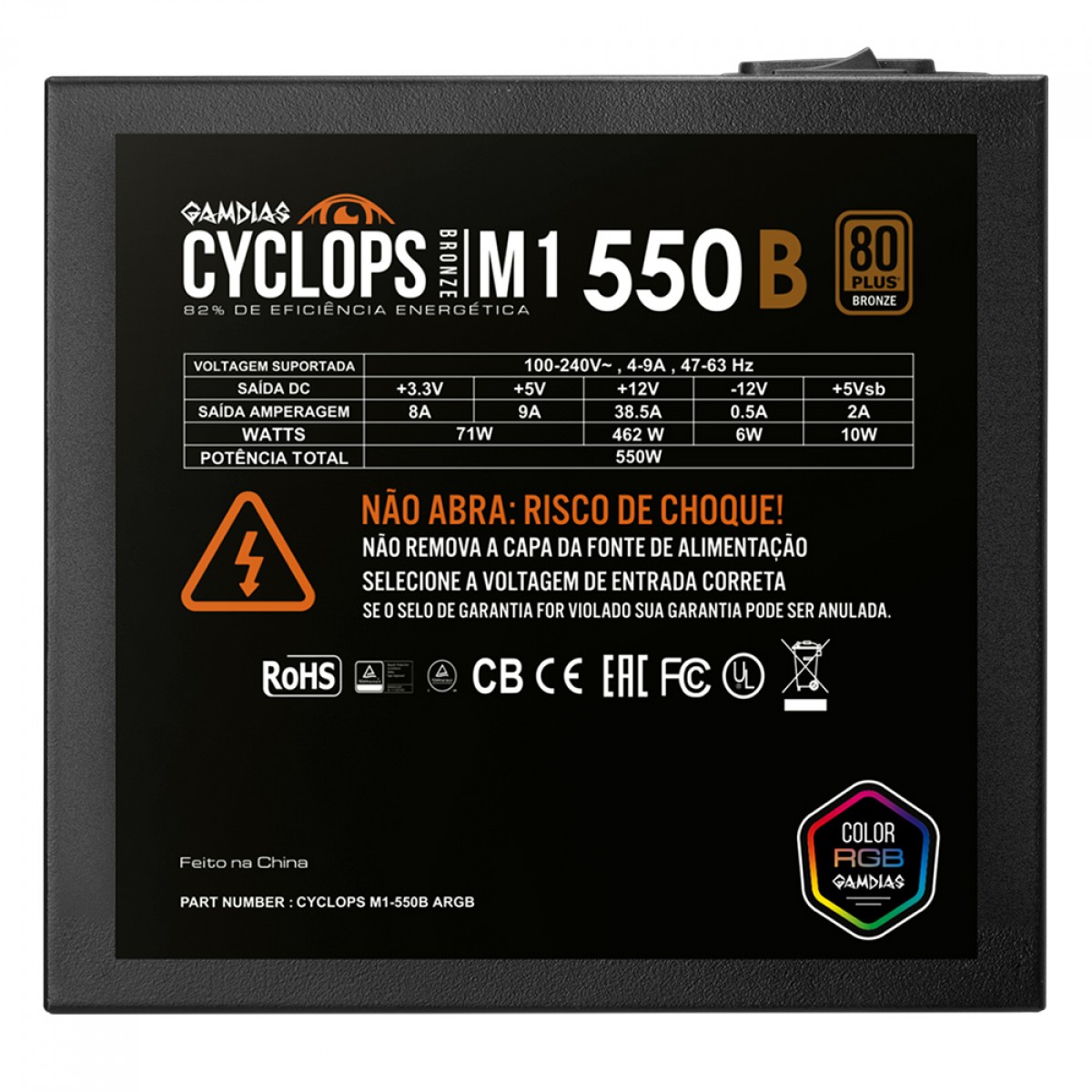 Fonte Gamdias Cyclops M1-550B, 550W, RGB, 80 Plus Bronze, Cybenetics, Teclab, PFC Ativo, Cabos Flat