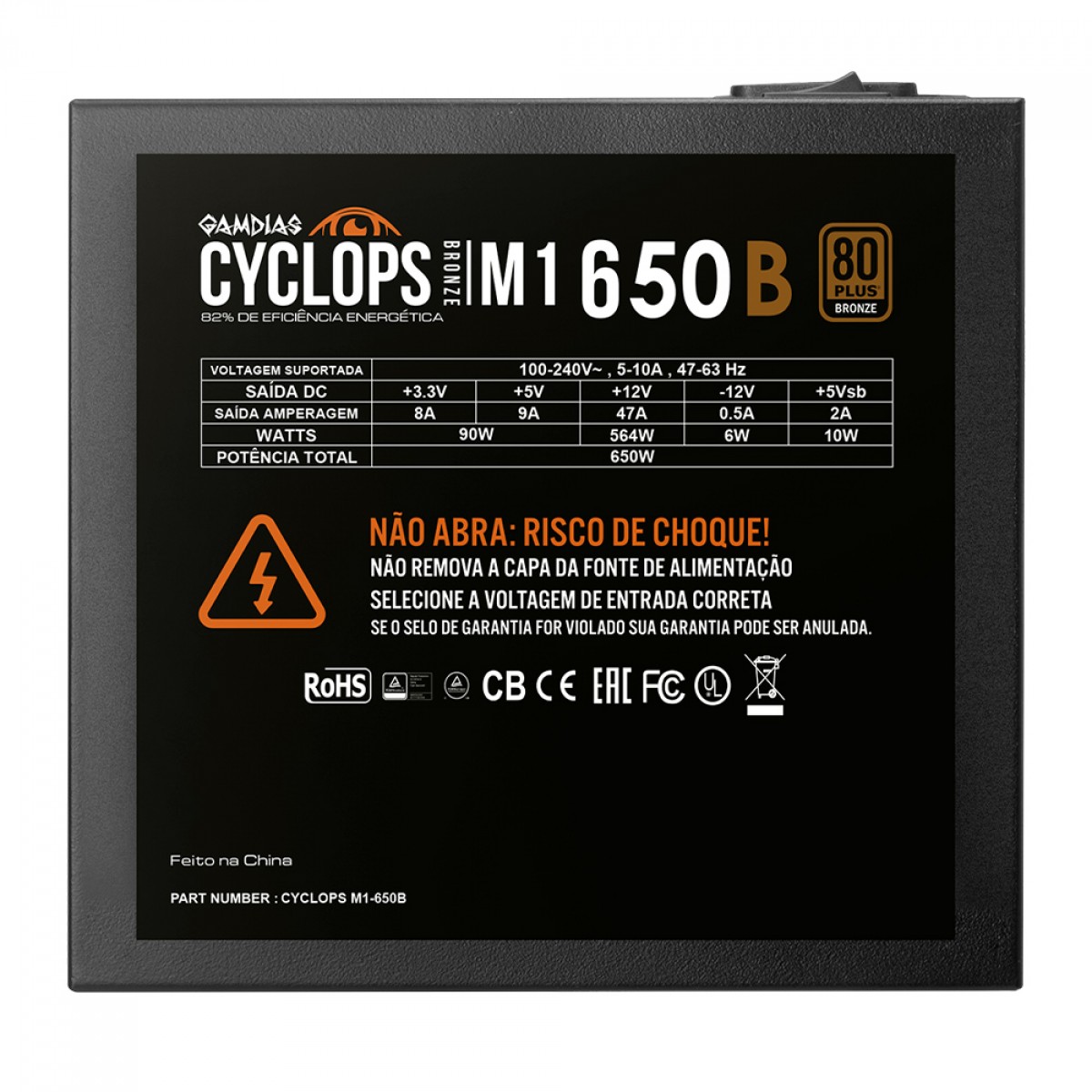 Fonte Gamdias Cyclops M1-650B, 650W, 80 Plus Bronze, Cybenetics, Teclab, PFC Ativo, Cabos Flat