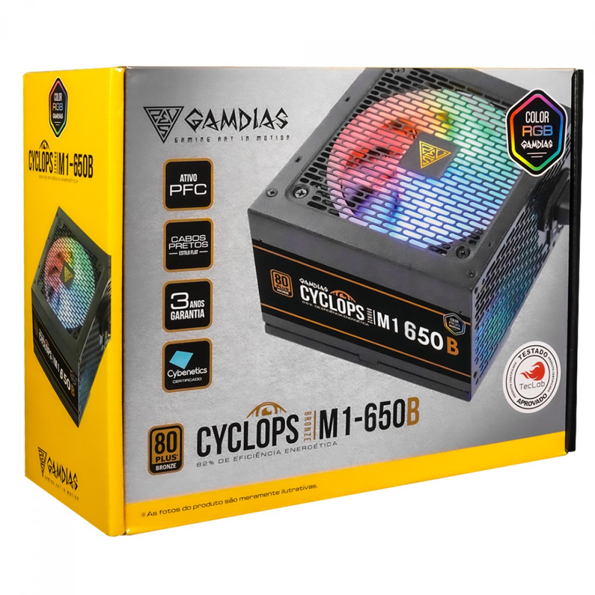 Fonte Gamdias Cyclops M1-650B, 650W, RGB, 80 Plus Bronze, Cybenetics, Teclab, PFC Ativo, Cabos Flat