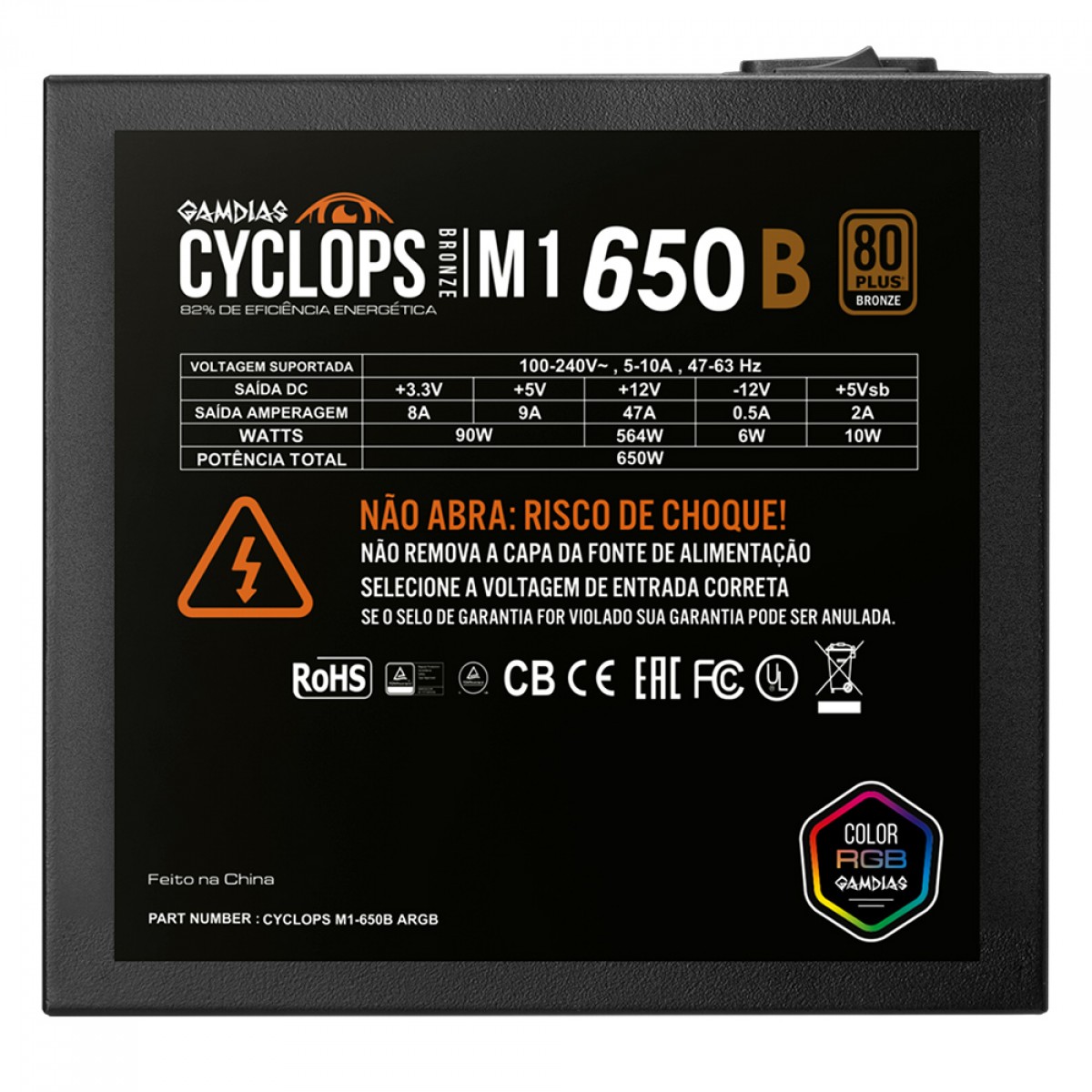 Fonte Gamdias Cyclops M1-650B, 650W, RGB, 80 Plus Bronze, Cybenetics, Teclab, PFC Ativo, Cabos Flat