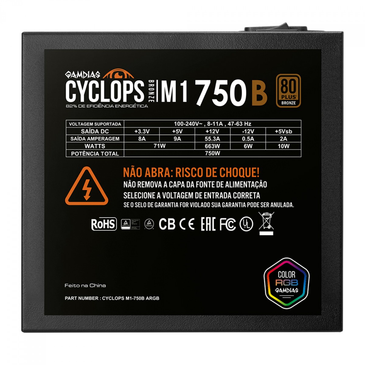Fonte Gamdias Cyclops M1-750B, 750W, RGB, 80 Plus Bronze, Cybenetics, Teclab, PFC Ativo, Cabos Flat