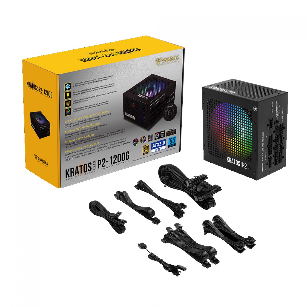 Fonte Gamdias, Kratos P2, 1200W, 80 Plus Gold, ATX 3.0, PFC Ativo, Full Modular, ARGB