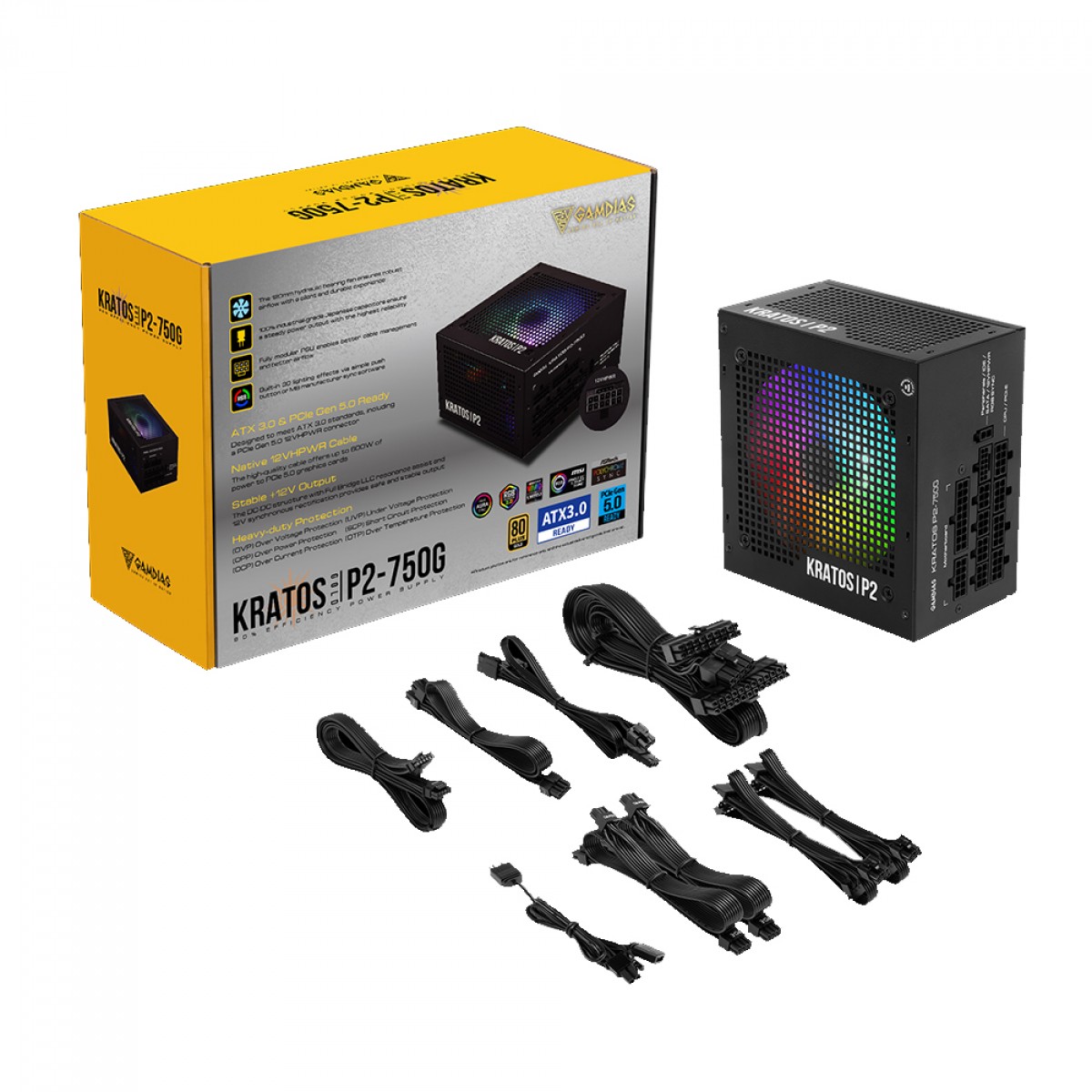 Fonte Gamdias, Kratos P2, 750W, 80 Plus Gold, ATX 3.0, PFC Ativo, Full Modular, ARGB