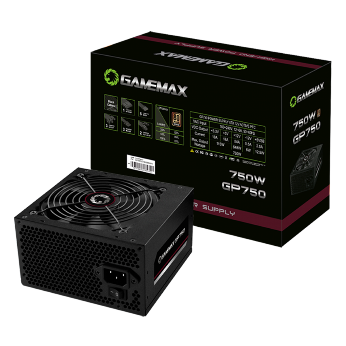 Fonte Gamemax GP750, 750W, 80 Plus Bronze, PFC Ativo