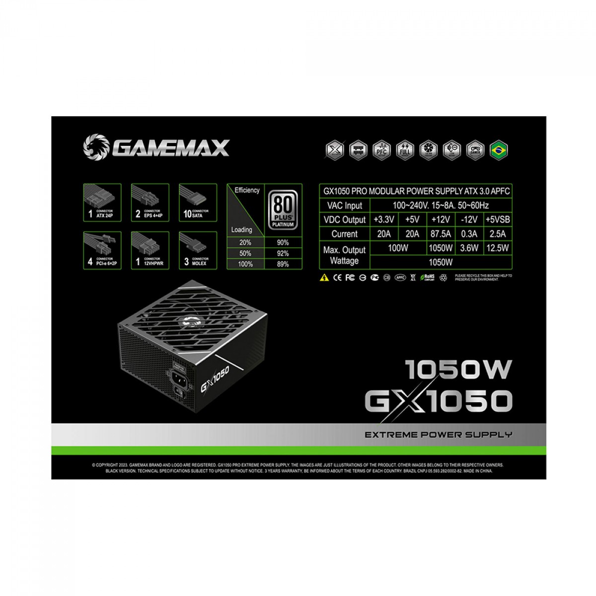 Fonte Gamemax GX1050 Pro, 1050W, 80 Plus Platinum, PCIe 5.0, ATX 3.0, Full Modular, PFC Ativo, Black, GX1050PRBKS8810BR