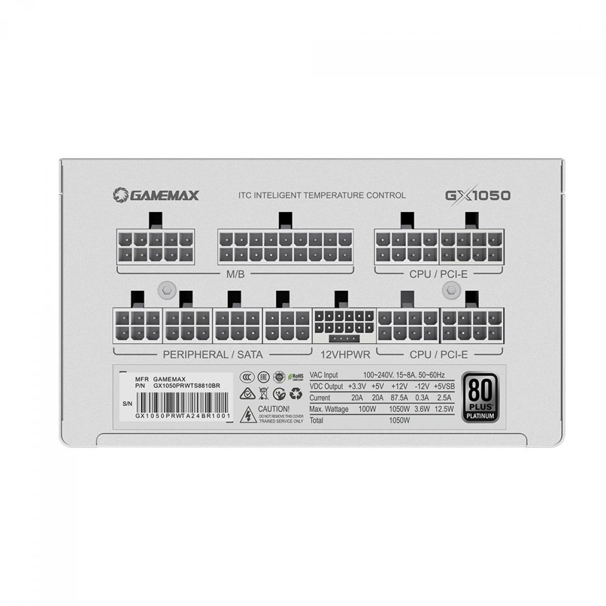 Fonte Gamemax GX1050 Pro, 1050W, 80 Plus Platinum, PCIe 5.0, ATX 3.0, Full Modular, PFC Ativo, White