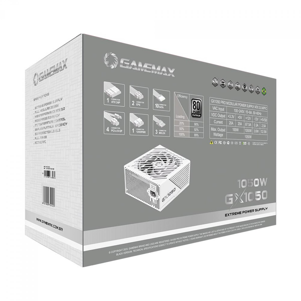 Fonte Gamemax GX1050 Pro, 1050W, 80 Plus Platinum, PCIe 5.0, ATX 3.0, Full Modular, PFC Ativo, White