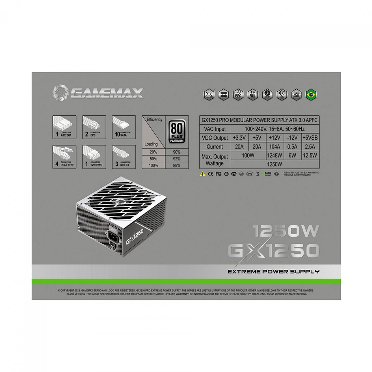 Fonte Gamemax GX1250 PRO, 1250W, Full Modular, 80 Plus Platinum, PCIe 5.0, ATX 3.0, PFC Ativo, Metal, GX1250PROSLS8810BR