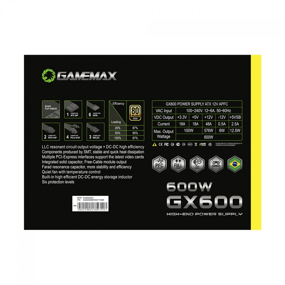 Fonte Gamemax GX600, 600W, 80 Plus Gold, PFC Ativo, Black, GX600WBKPSS7710BR