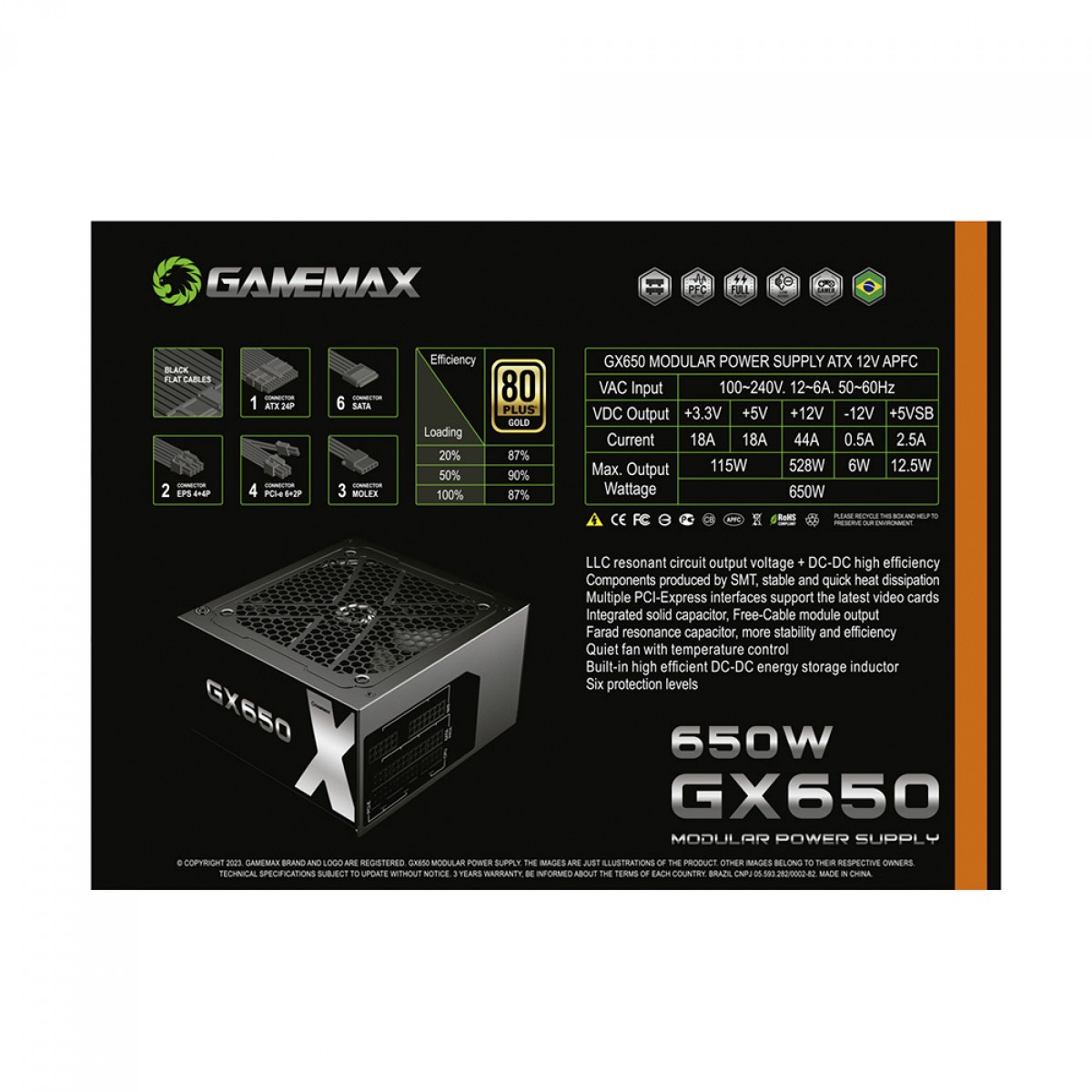 Fonte Gamemax GX650, 650W, Full Modular, 80 Plus Gold, PFC Ativo, Black, GX650MBKV1S7710BR