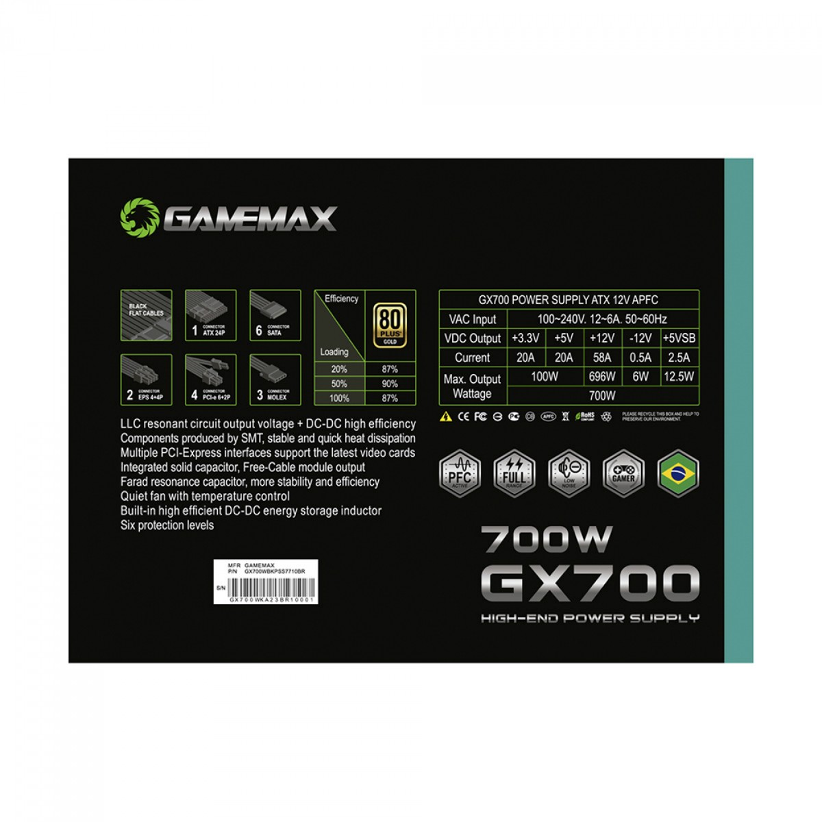 Fonte Gamemax GX700, 700W, 80 Plus Gold, PFC Ativo, Black, GX700WBKPSS7710BR