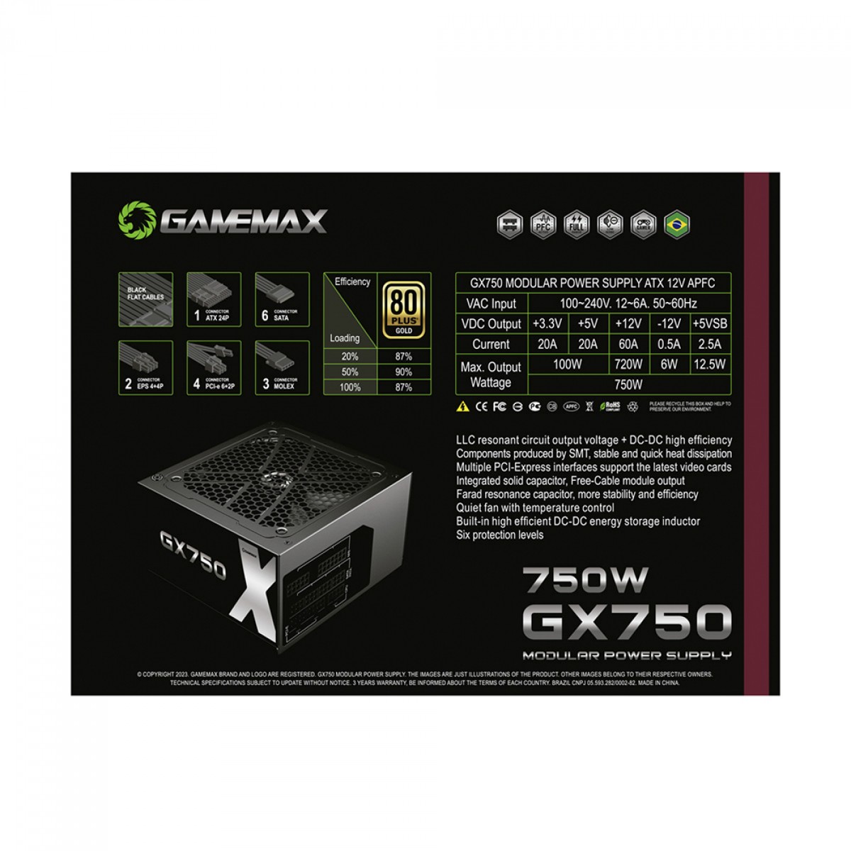 Fonte Gamemax GX750, 750W, Full Modular, 80 Plus Gold, PFC Ativo, Black, GX750MBKV1S7710BR