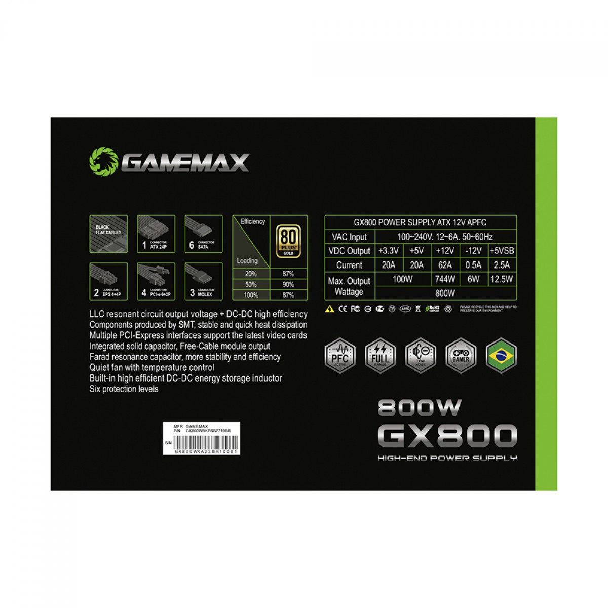 Fonte Gamemax GX800, 800W, 80 Plus Gold, PFC Ativo, Black, GX800WBKPSS7710BR