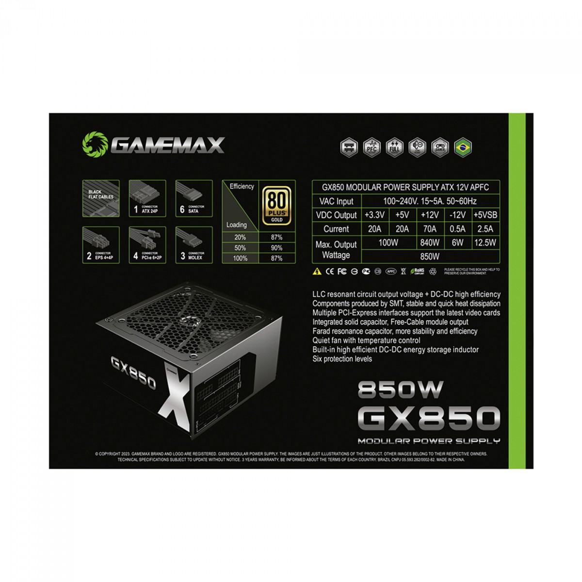 Fonte Gamemax GX850, 850W, Full Modular, 80 Plus Gold, PFC Ativo, Black, GX850MBKV1S7710BR