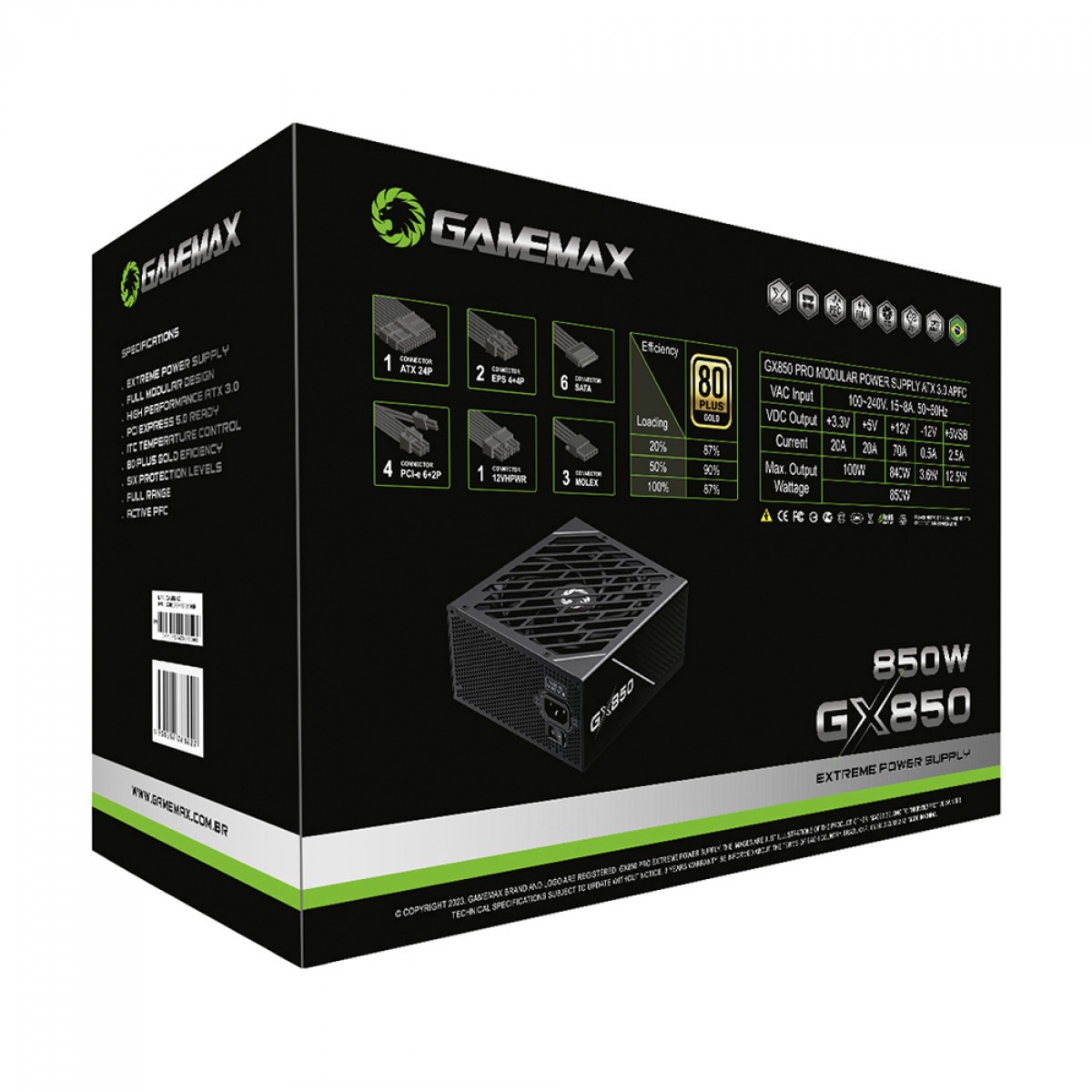Fonte Gamemax GX850 Pro, 850W, 80 Plus Gold, PCIe 5.0, ATX 3.0, Full Modular, PFC Ativo, Black, GX850PBKPS18810BR
