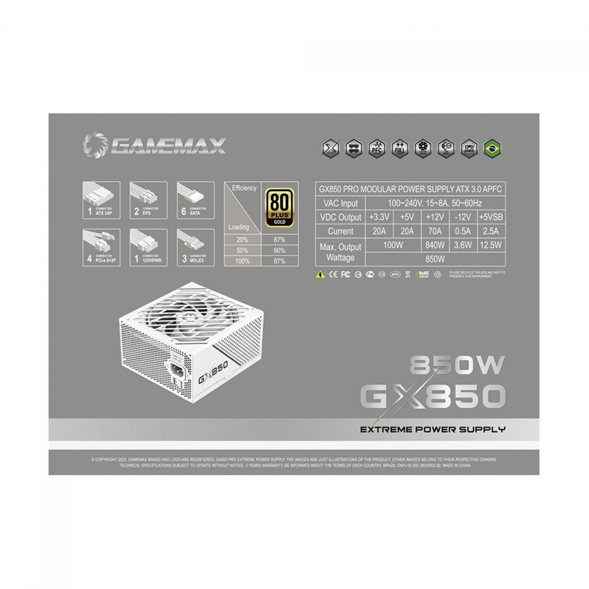 Fonte Gamemax GX850 Pro, 850W, 80 Plus Gold, PCIe 5.0, ATX 3.0, Full Modular, PFC Ativo, White, GX850PWTPS18810BR