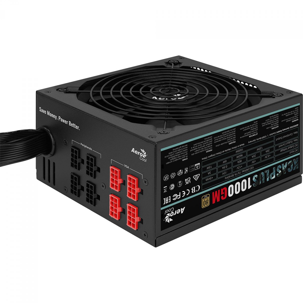 Fonte Gamer Aerocool KCAS Plus, 1000W, 80 Plus Gold, Modular, PFC Ativo, Preto, KCAS PLUS 1000GM